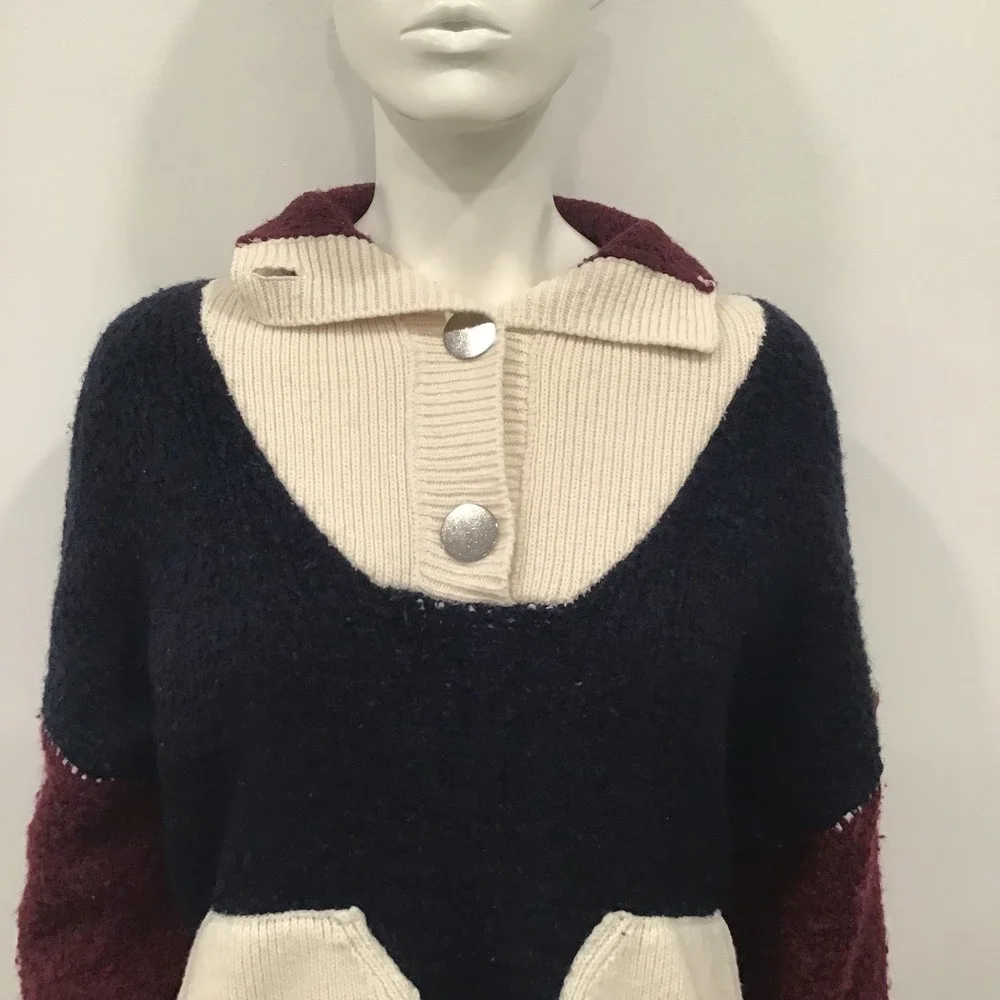 ba&sh Colorblock Lady Cadigan Benji Sweater Womens 1 Navy Burgundy US Small wool